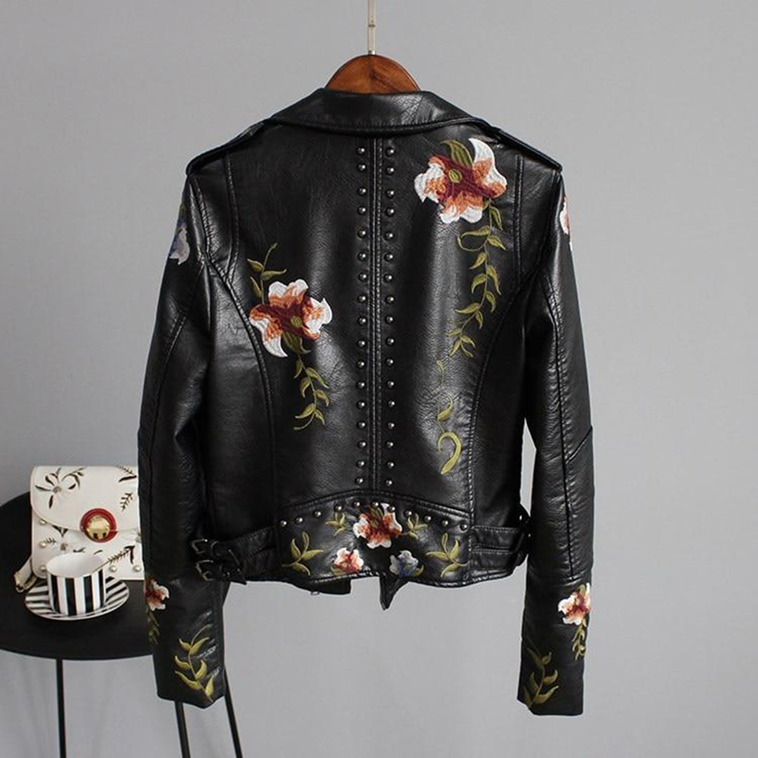 Women's Biker Jacket – Imitation Leather – Floral Embroidery – Stud Details – Asymmetric Zipper