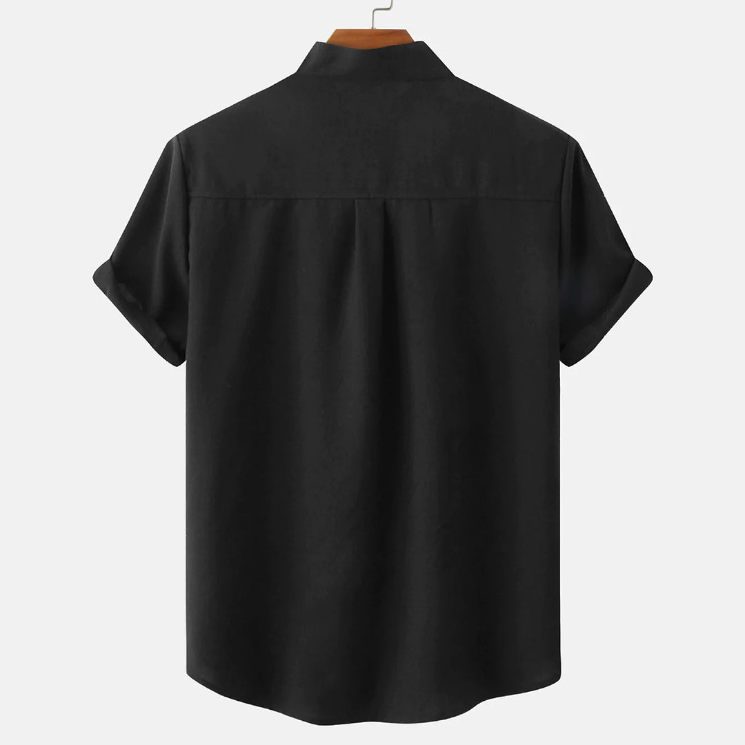 Men's Shirt - Linen Blend - Relaxed Fit - Short Sleeves - Mandarin Collar