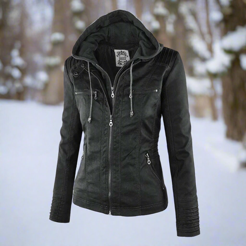 Women's Biker Jacket – Imitation Leather – Slim Fit – Hood with Drawstring – Zipper Pockets