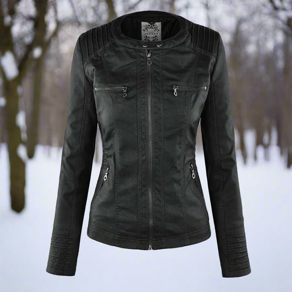 Women's Biker Jacket – Imitation Leather – Slim Fit – Hood with Drawstring – Zipper Pockets