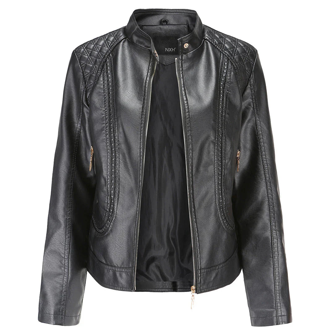 Women's Leather Jacket – Slim Fit – Quilted Shoulders – Stand Collar – Zipper Pockets