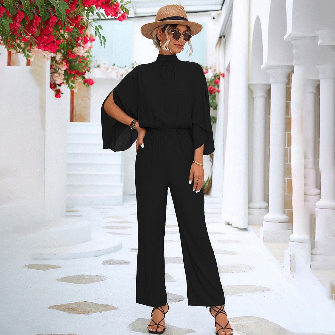 Women's jumpsuit – relaxed fit – breathable fabric – high neck – ruffle sleeves