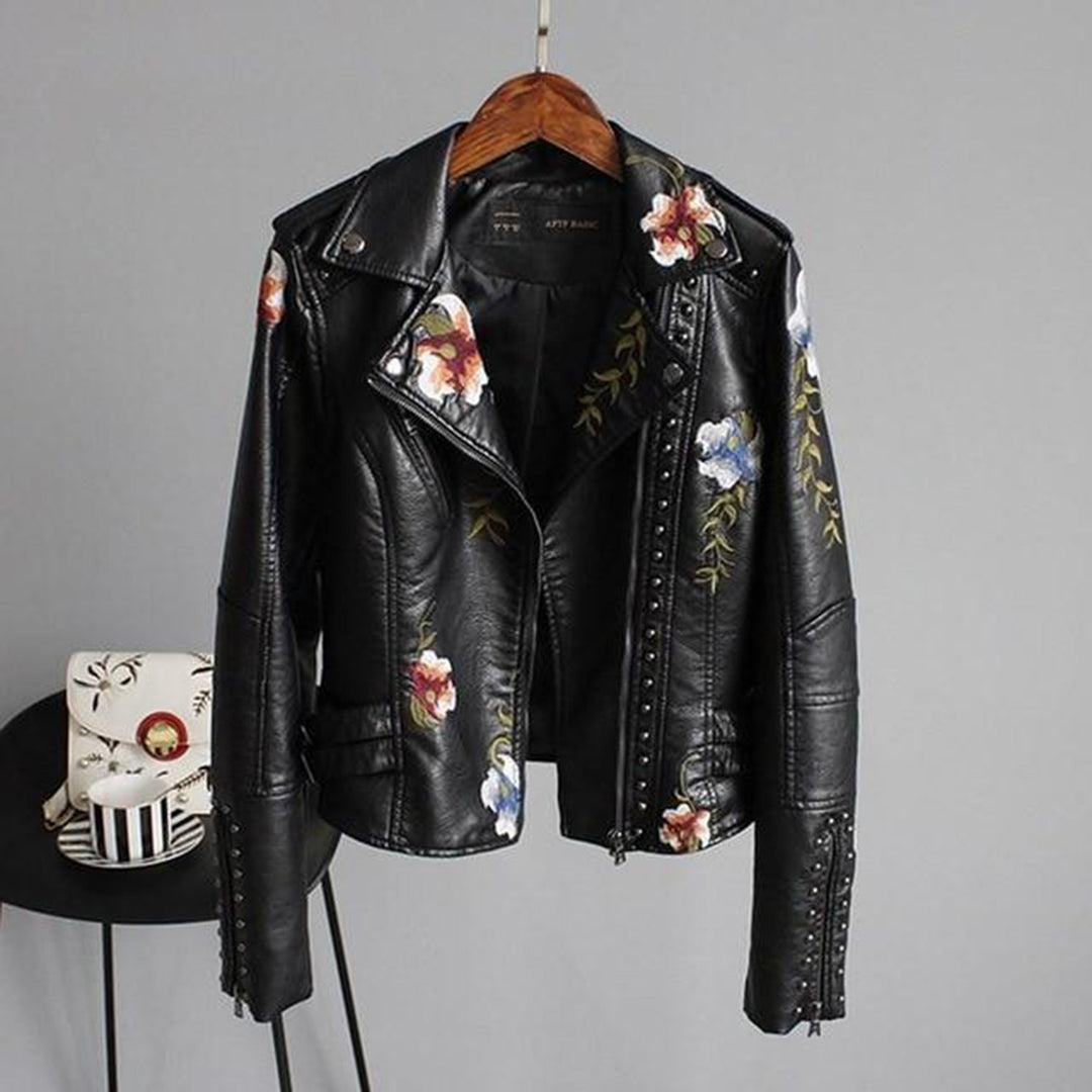 Women's Biker Jacket – Imitation Leather – Floral Embroidery – Stud Details – Asymmetric Zipper