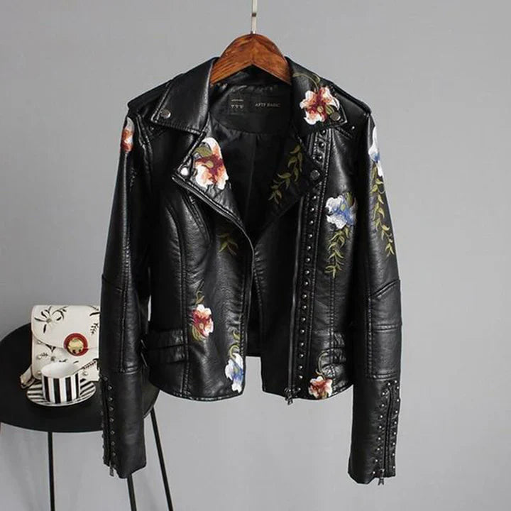 Women's Biker Jacket – Tailored Fit – Floral Embroidery – Studded Details – Lightweight