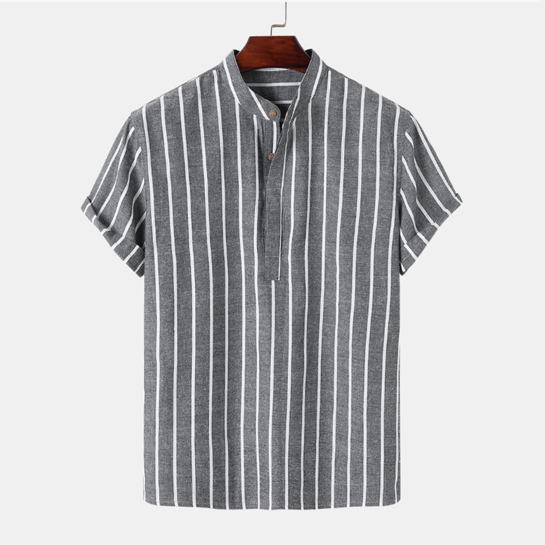 Men's Shirt - Vertical Stripes - Mandarin Collar - Short Sleeve - Breathable Cotton/Linen