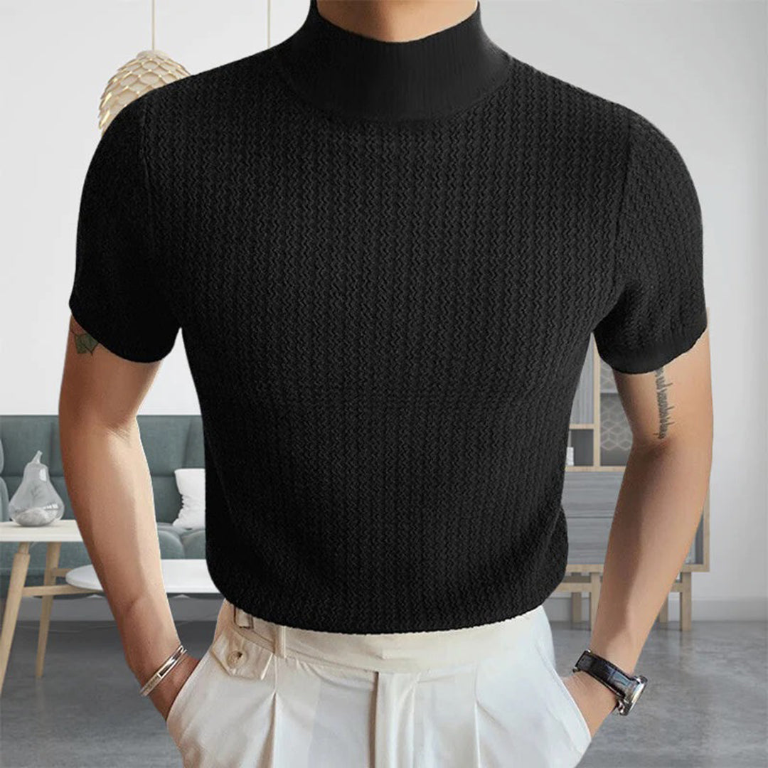 Men's High-Neck Sweater - Knitted Texture - Slim Fit - Short-Sleeved