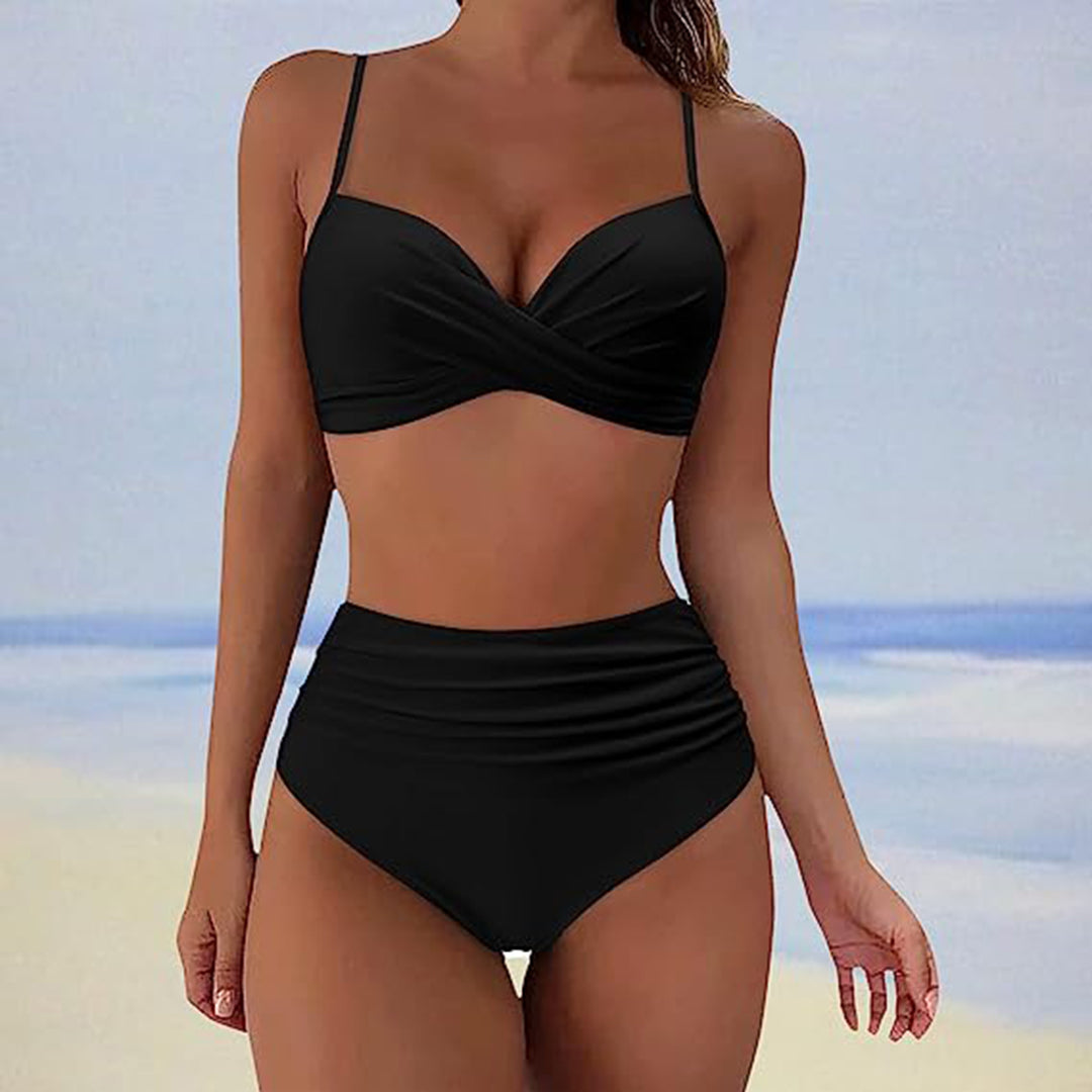 Dame Bikini - Høyt Liv og Rynket Detalj - Twist Front - Justerbare Stropper