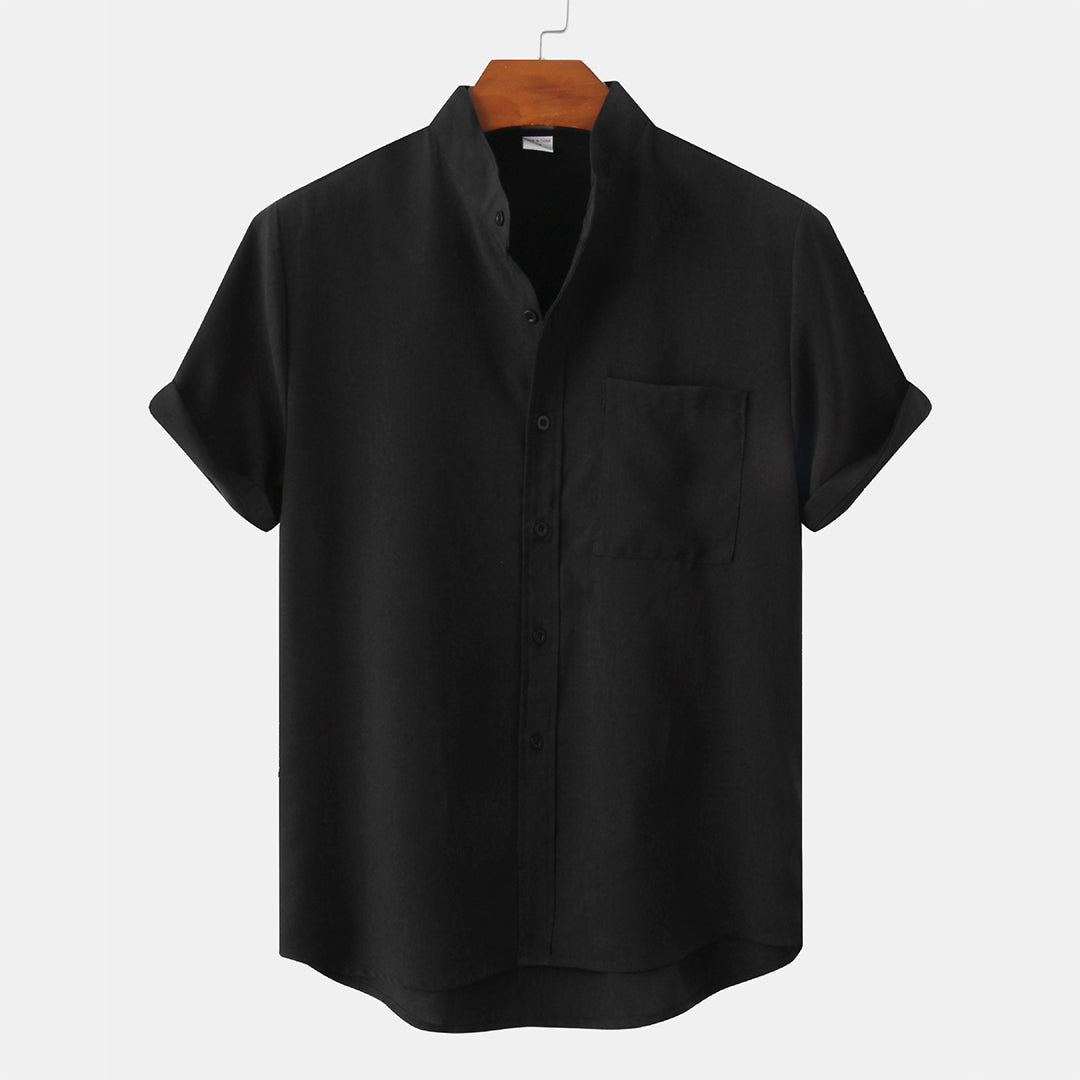 Men's Shirt - Linen Blend - Relaxed Fit - Short Sleeves - Mandarin Collar