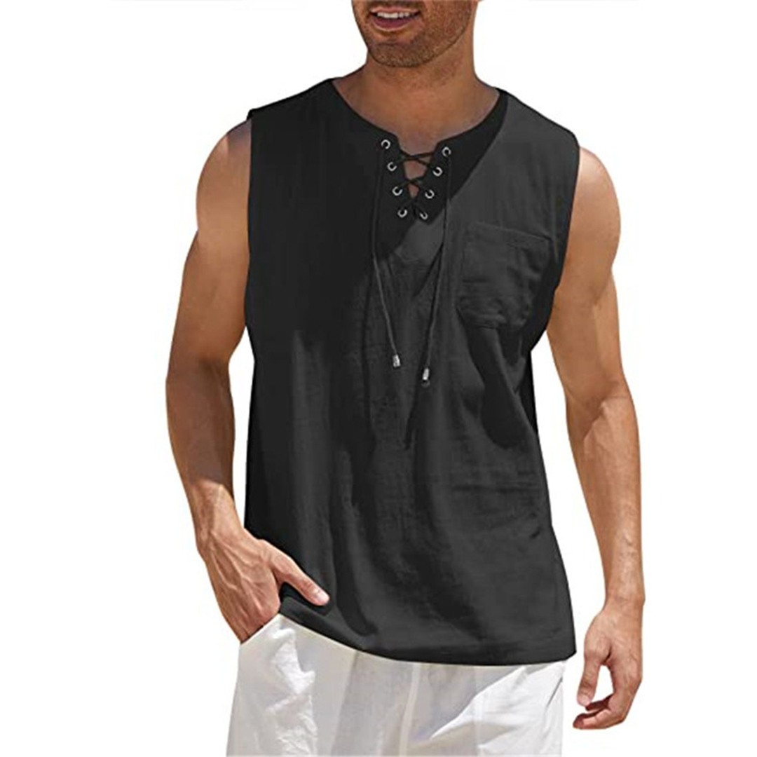 Men's Tank Top – Breathable Cotton/Linen – Relaxed Fit – Lace Detail