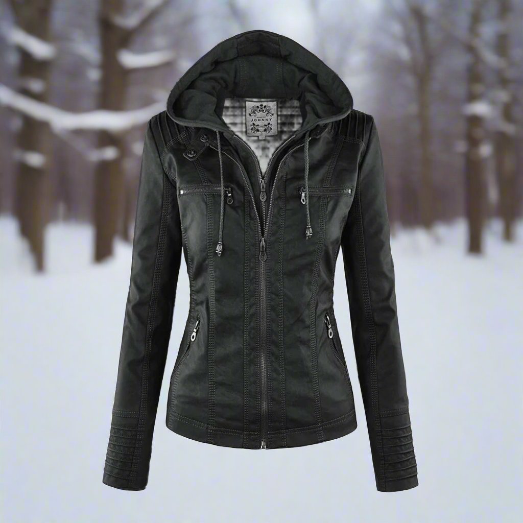 Women's Biker Jacket – Imitation Leather – Slim Fit – Hood with Drawstring – Zipper Pockets