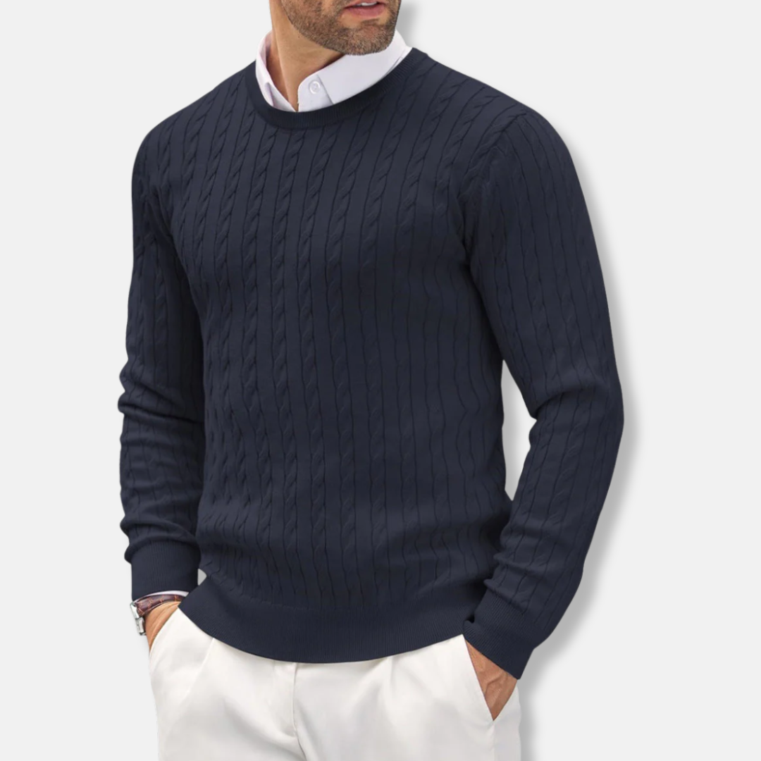 Men's Sweater – Slim Fit – Fine Knit – Round Neck – Cable Knit Structure
