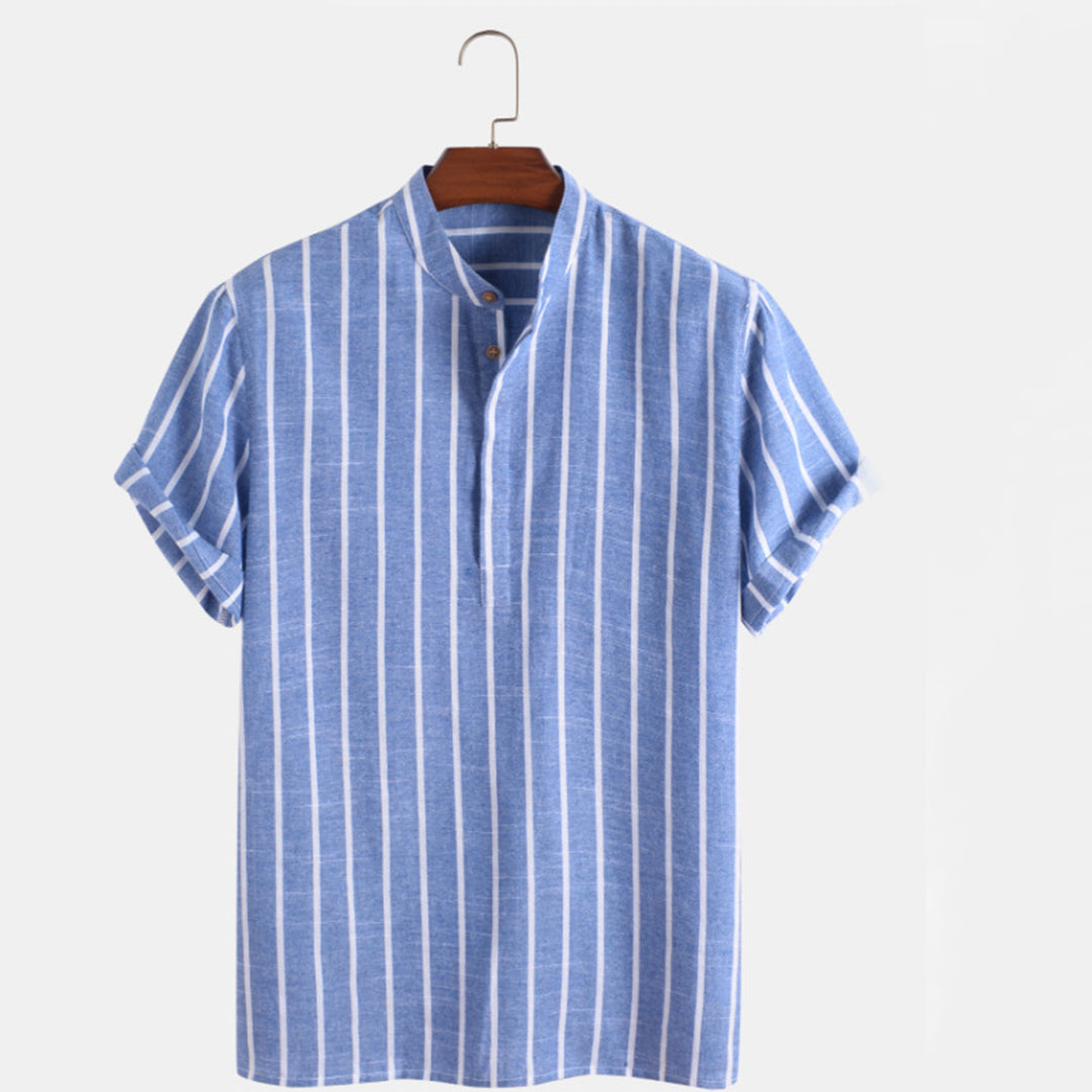 Men's Shirt - Vertical Stripes - Mandarin Collar - Short Sleeve - Breathable Cotton/Linen