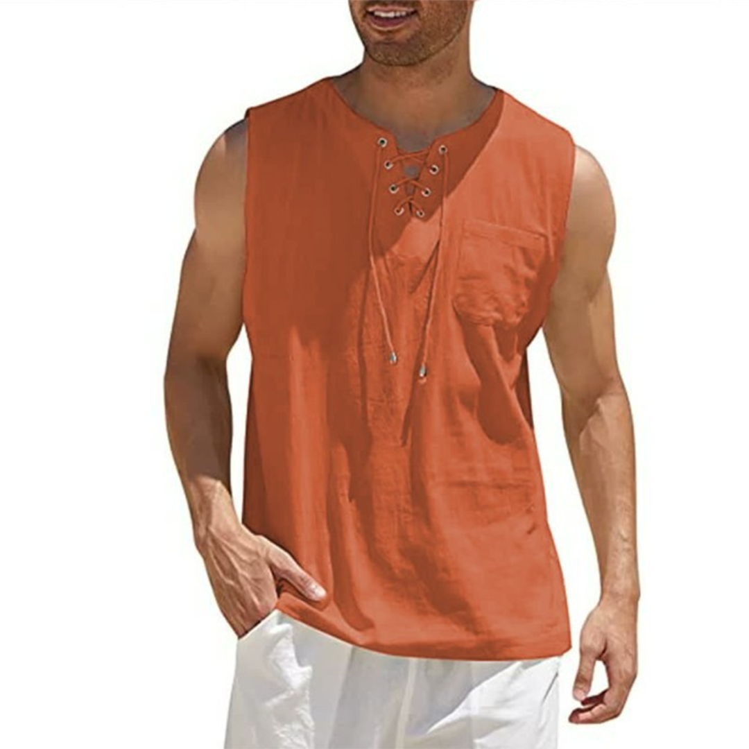Men's Tank Top – Breathable Cotton/Linen – Relaxed Fit – Lace Detail