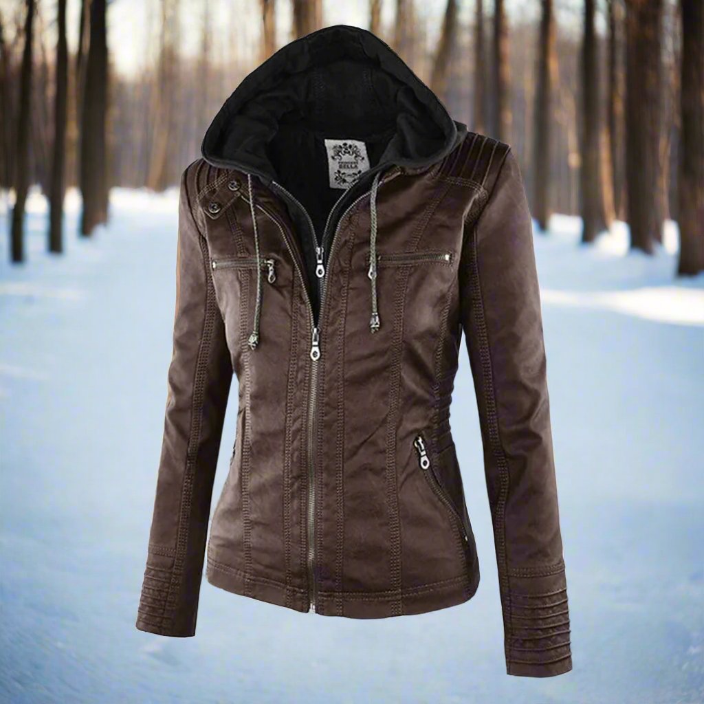 Women's Biker Jacket – Imitation Leather – Slim Fit – Hood with Drawstring – Zipper Pockets