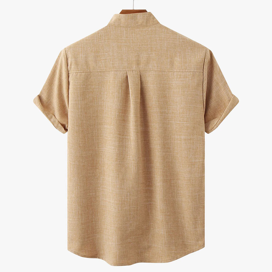 Men's Shirt - Linen Blend - Relaxed Fit - Short Sleeves - Mandarin Collar