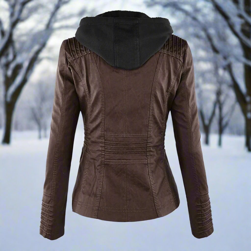 Women's Biker Jacket – Imitation Leather – Slim Fit – Hood with Drawstring – Zipper Pockets