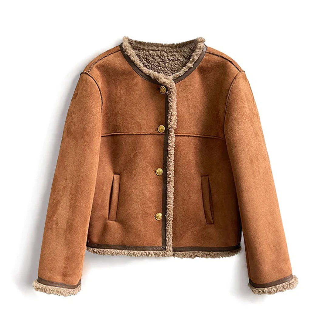Women's Shearling Jacket – Soft Lining – Collarless Design – Gold Buttons – Sleek Fit