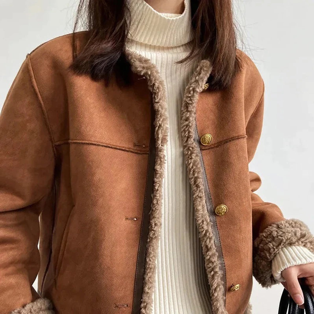 Women's Shearling Jacket – Soft Lining – Collarless Design – Gold Buttons – Sleek Fit