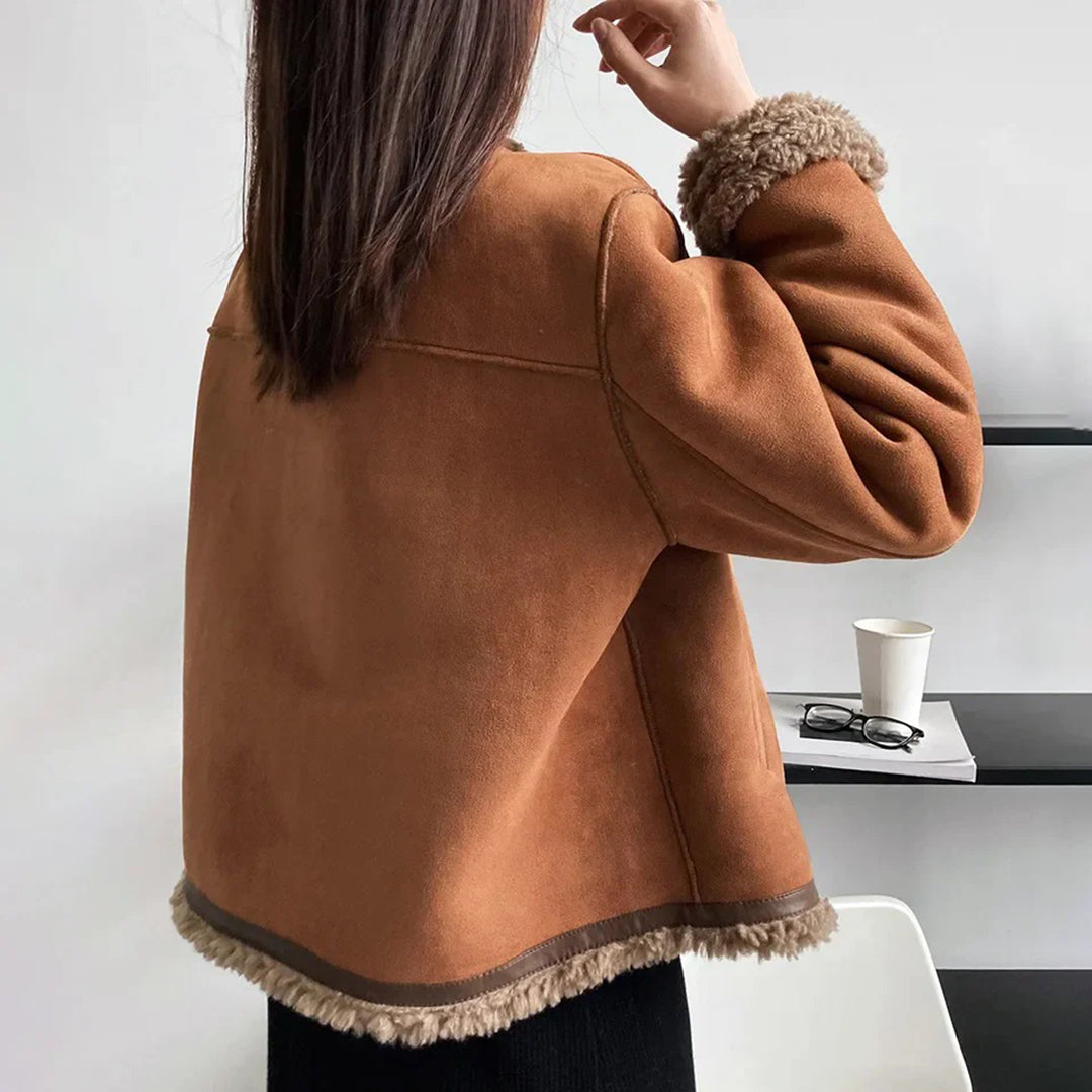 Women's Shearling Jacket – Soft Lining – Collarless Design – Gold Buttons – Sleek Fit