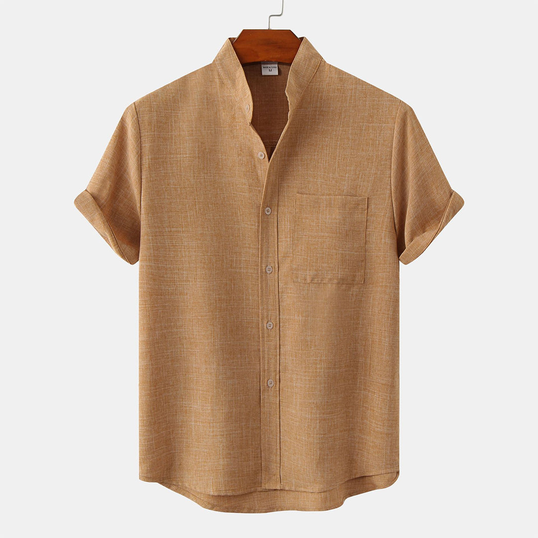Men's Shirt - Linen Blend - Relaxed Fit - Short Sleeves - Mandarin Collar