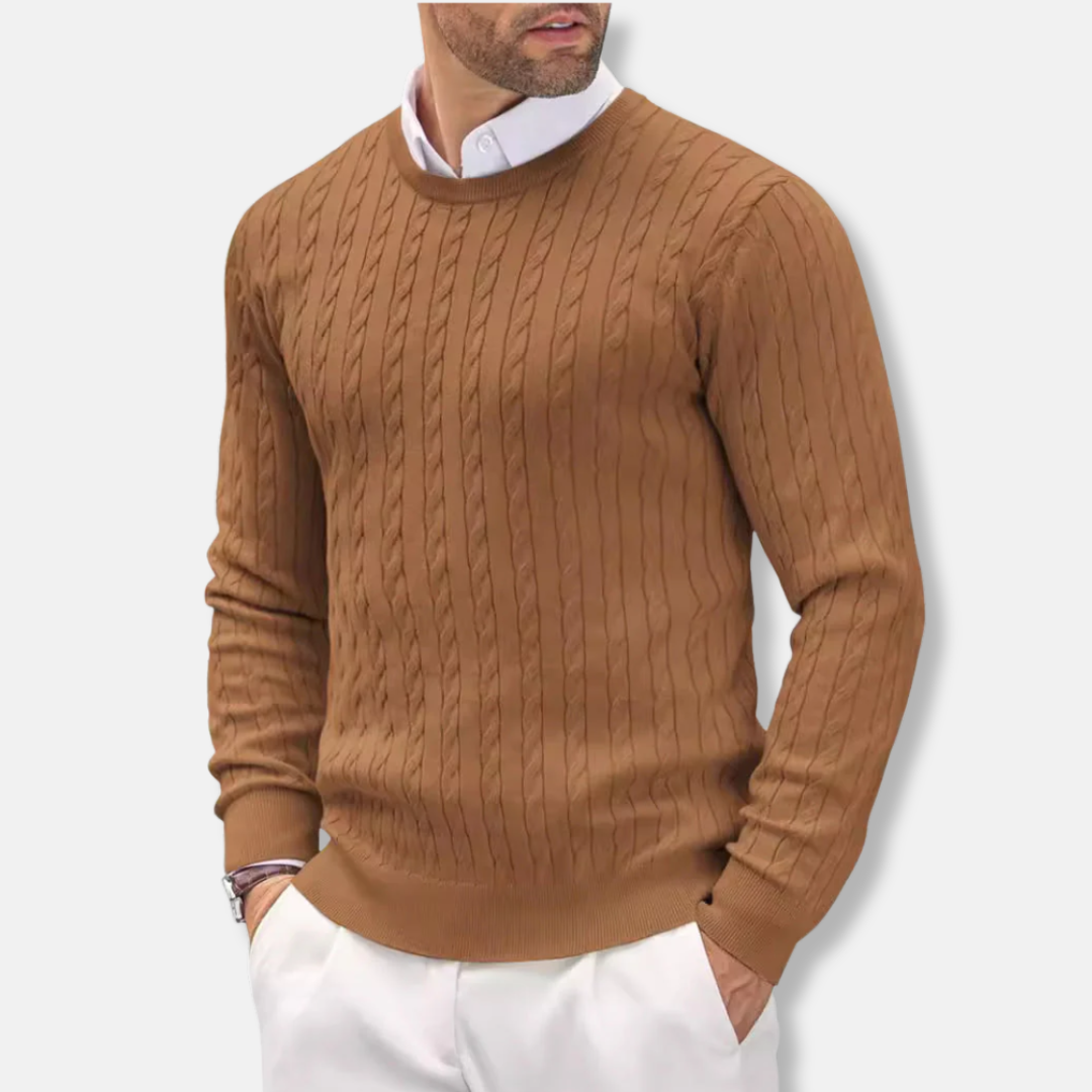 Men's Sweater – Slim Fit – Fine Knit – Round Neck – Cable Knit Structure
