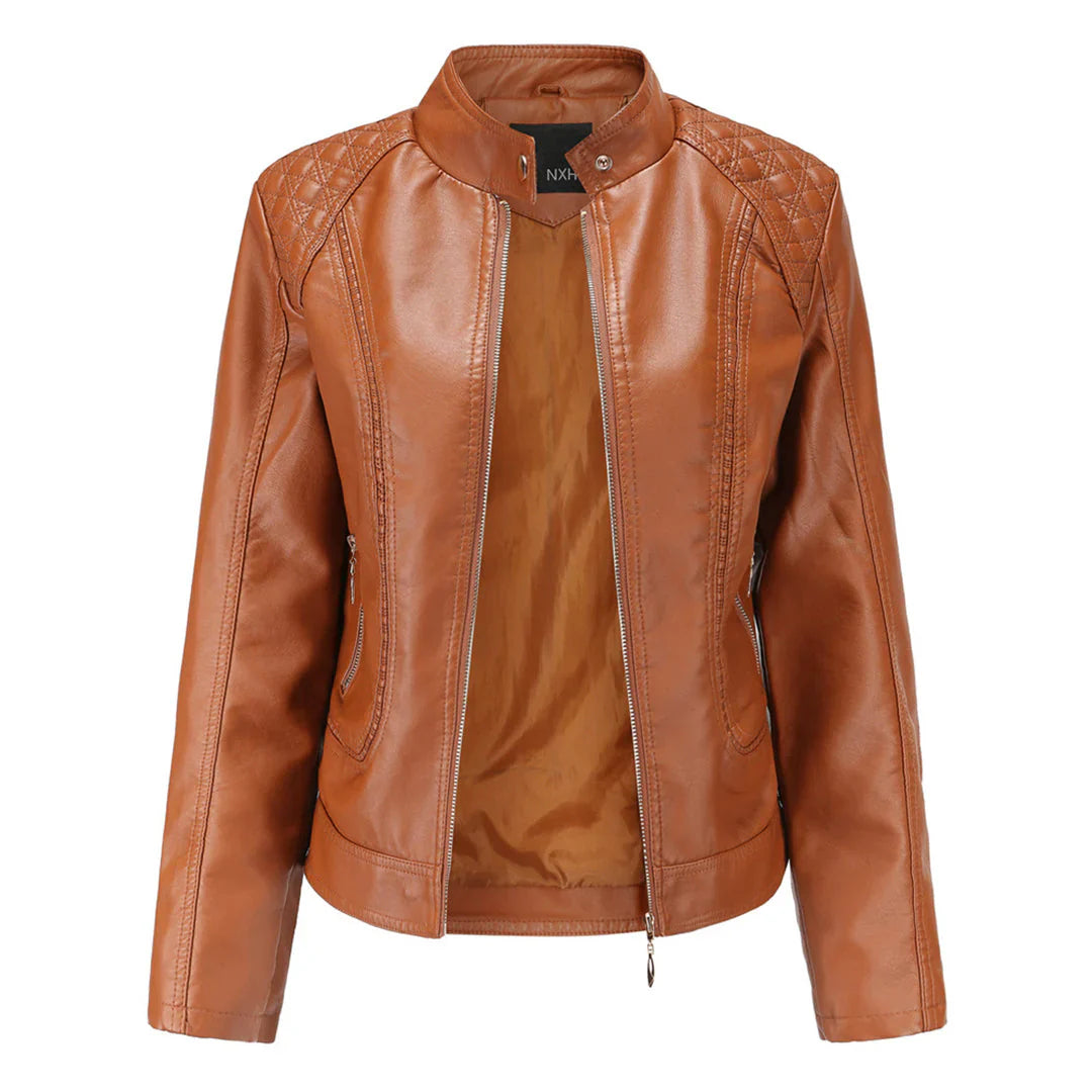 Women's Leather Jacket – Slim Fit – Quilted Shoulders – Stand Collar – Zipper Pockets