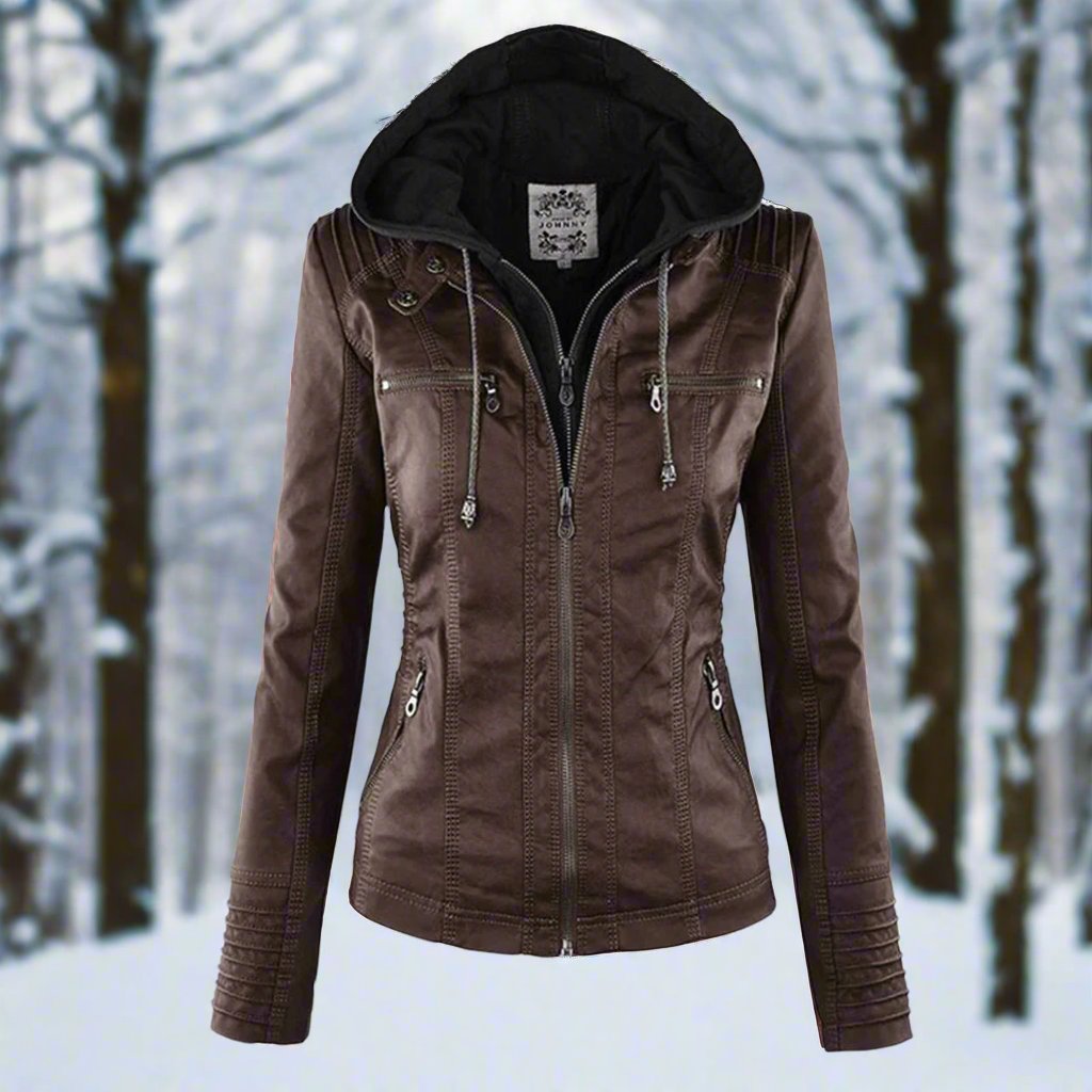 Women's Biker Jacket – Imitation Leather – Slim Fit – Hood with Drawstring – Zipper Pockets