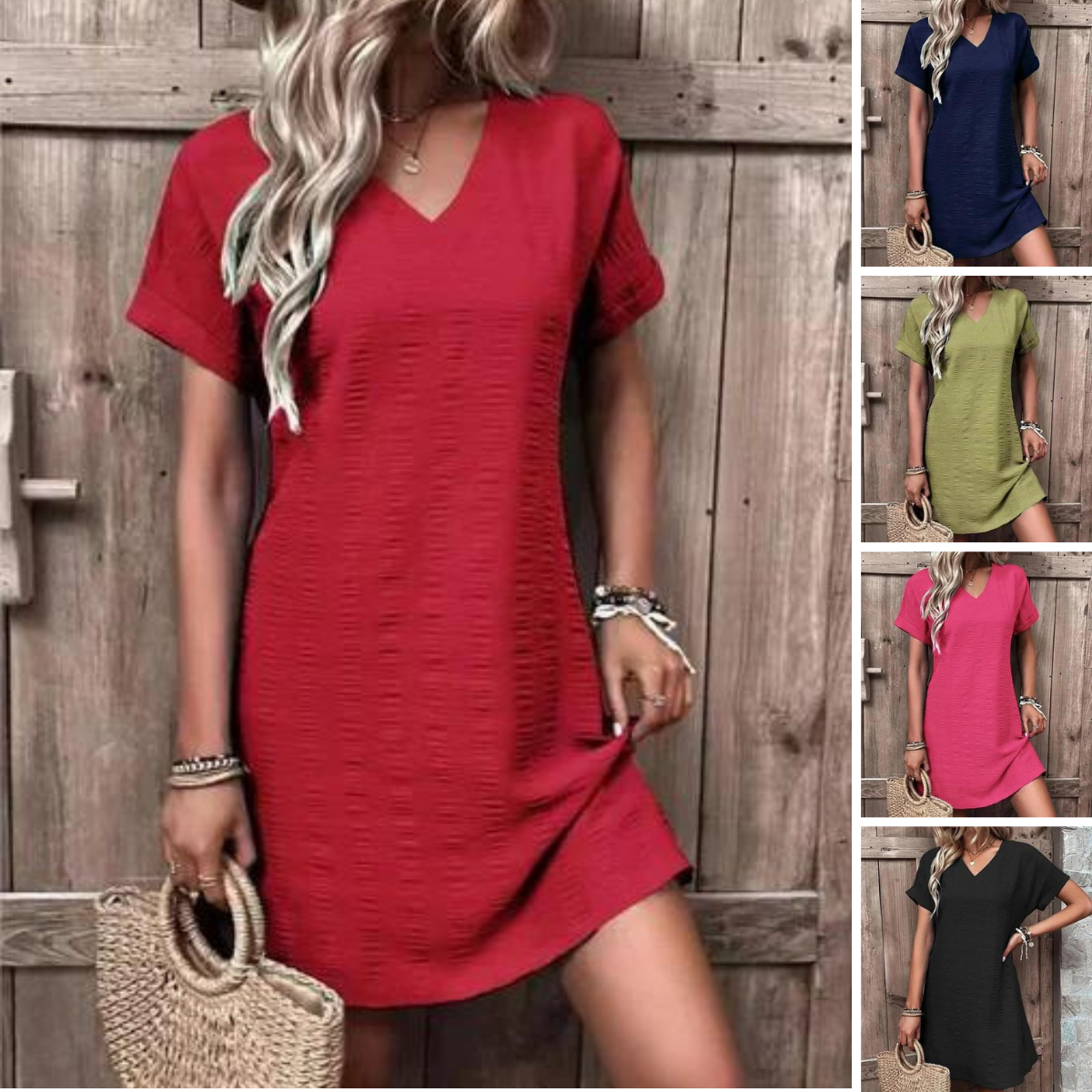 Women's Shirt Dress - V-neck - Short Sleeve - Relaxed Fit - Mini Length