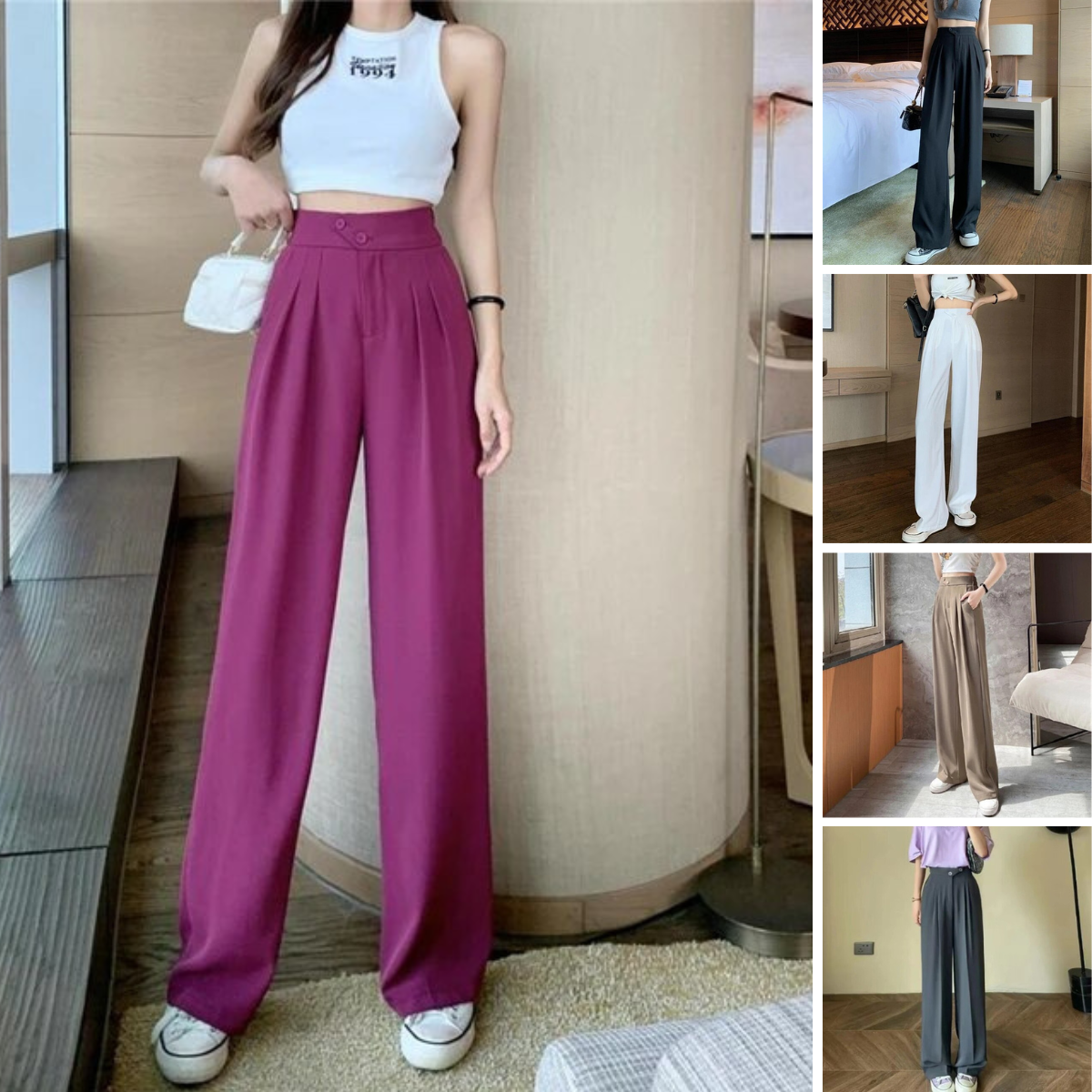 Women's Pants - High Waist - Wide Legs - Elegant Cut with Pleats - Comfortable Fit