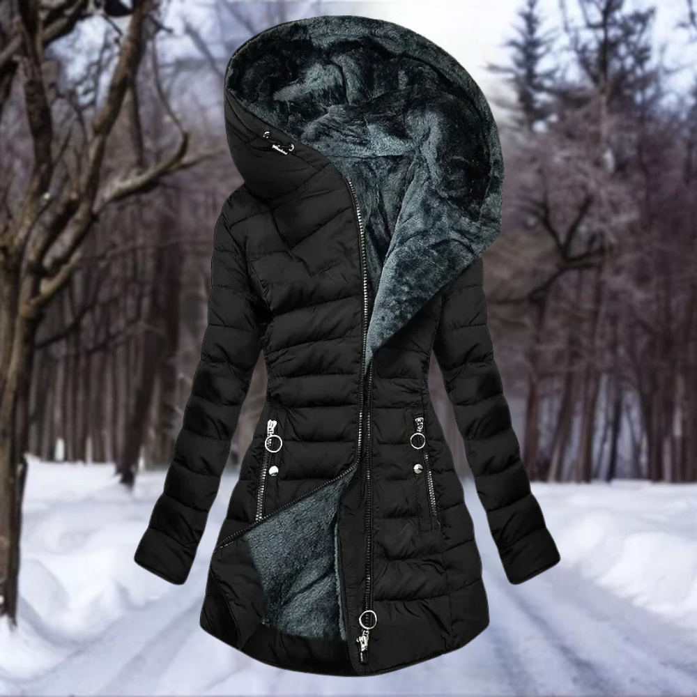 Women's Down Coat - Padded and Insulating - Slim Fit - Zipper Closure - Hood