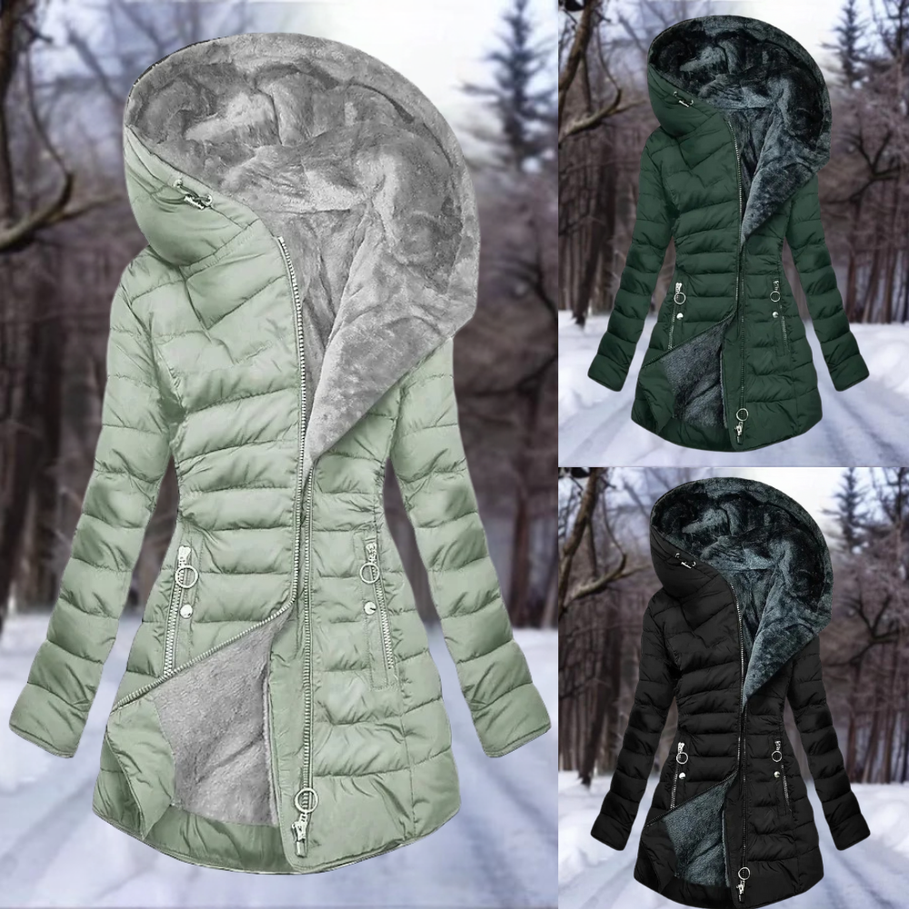 Women's Down Coat - Padded and Insulating - Slim Fit - Zipper Closure - Hood