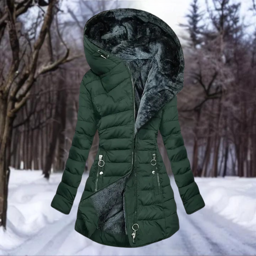 Women's Down Coat - Padded and Insulating - Slim Fit - Zipper Closure - Hood