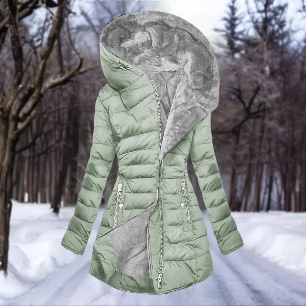 Women's Down Coat - Padded and Insulating - Slim Fit - Zipper Closure - Hood