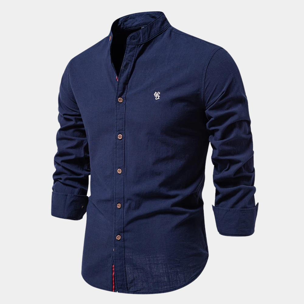 Men's Shirt – Slim Fit – Breathable Fabric – Stand Collar – Buttons with Contrast Details
