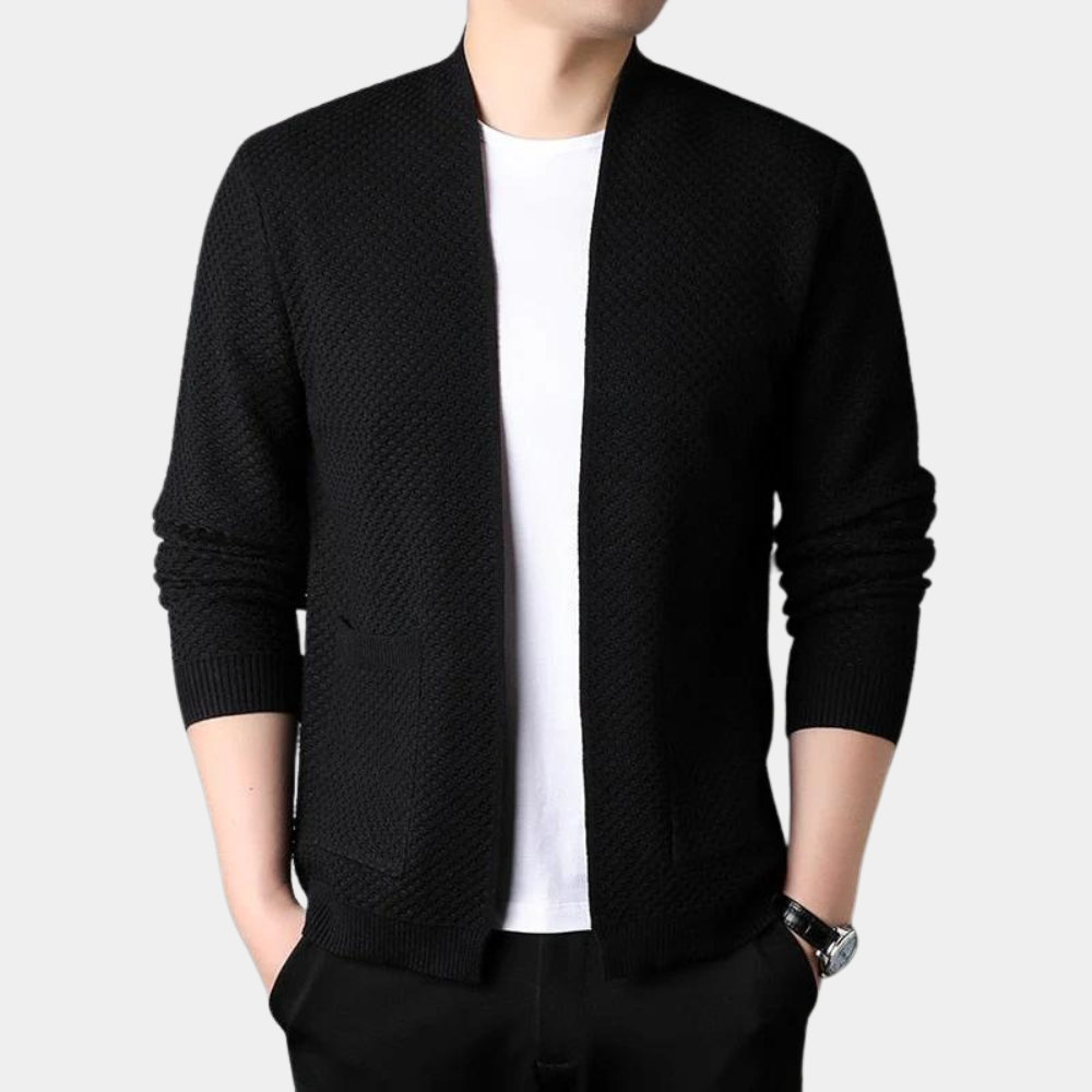 Men's Blazer – Slim Fit – Knitted Texture – Open Front – Ribbed Edges – Pockets