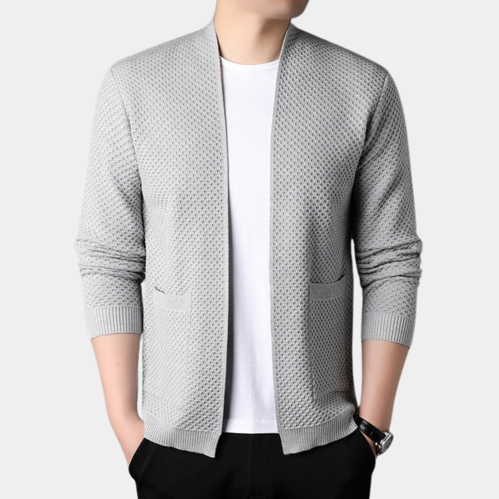 Men's Blazer – Slim Fit – Knitted Texture – Open Front – Ribbed Edges – Pockets