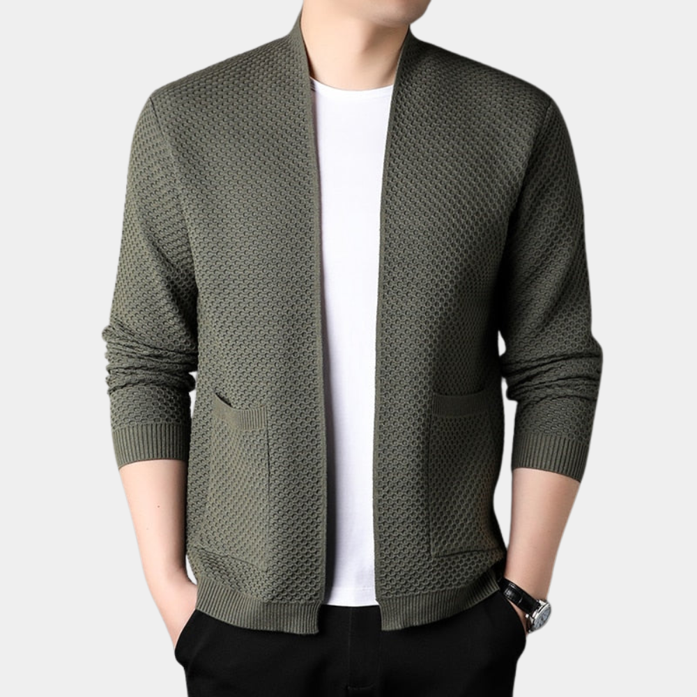 Men's Blazer – Slim Fit – Knitted Texture – Open Front – Ribbed Edges – Pockets