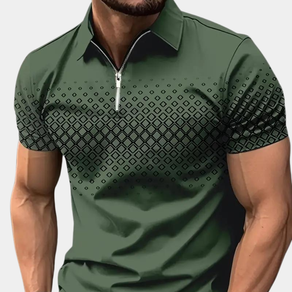 Men's Piqué Shirt – Slim Fit – Zipper Opening – Geometric Pattern – Breathable Fabric