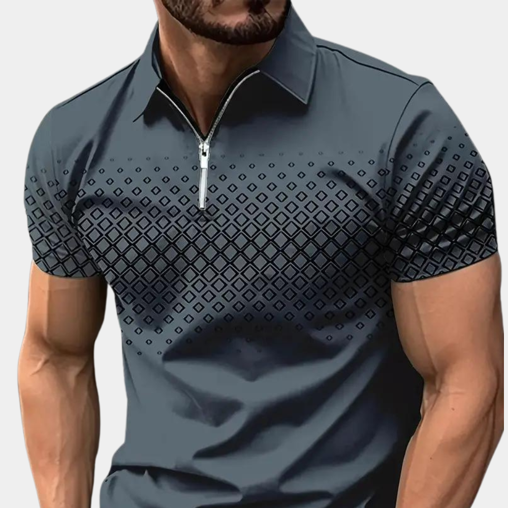 Men's Piqué Shirt – Slim Fit – Zipper Opening – Geometric Pattern – Breathable Fabric