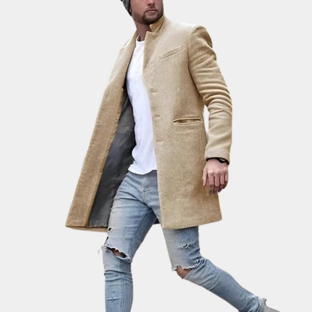 Men's Coat – Tailored Fit – Wool Blend – High Collar – Button Closure