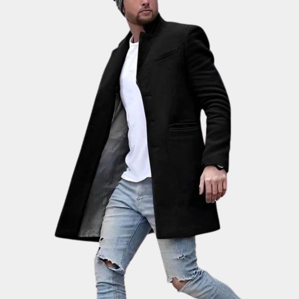 Men's Coat – Tailored Fit – Wool Blend – High Collar – Button Closure