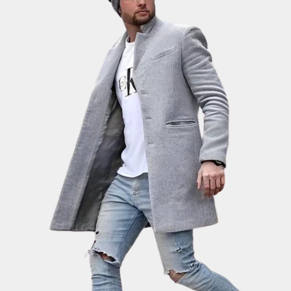 Men's Coat – Tailored Fit – Wool Blend – High Collar – Button Closure