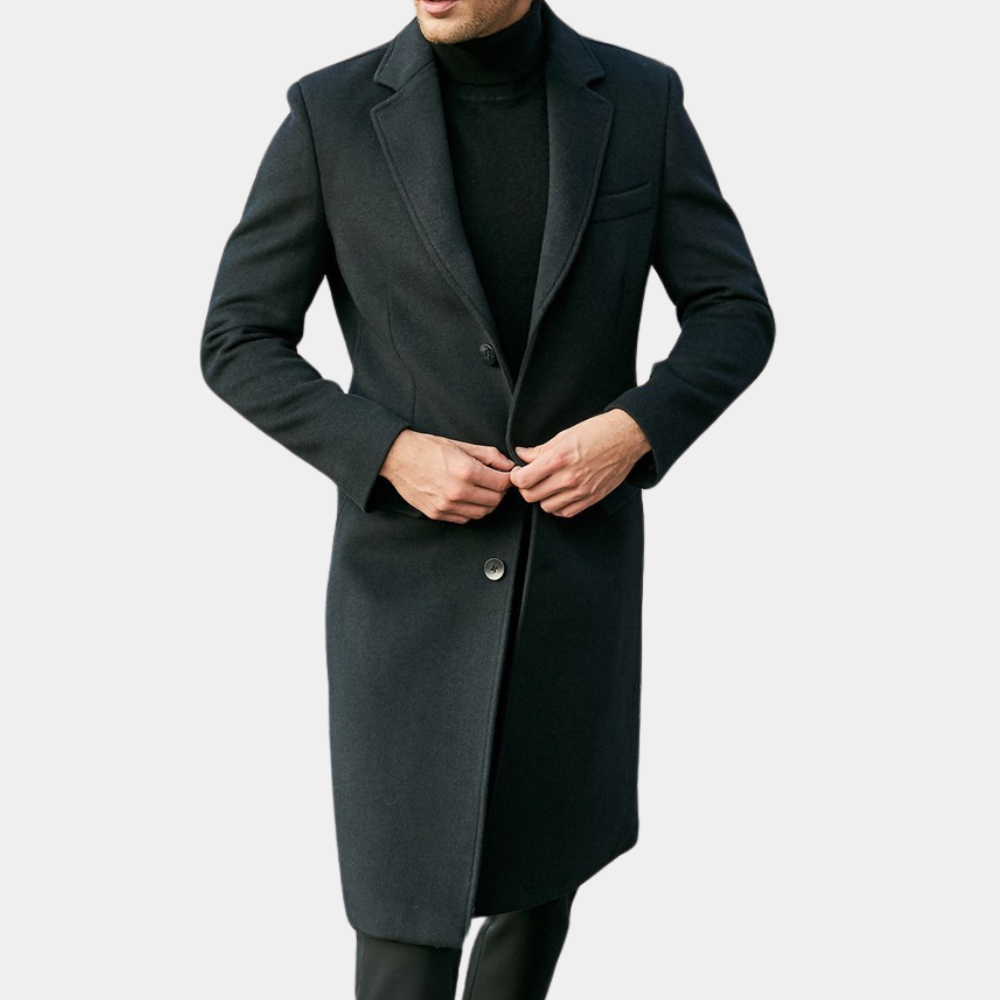 Men's Trench Coat – Tailored Fit – Wool Blend – Notch Lapel – Long Model