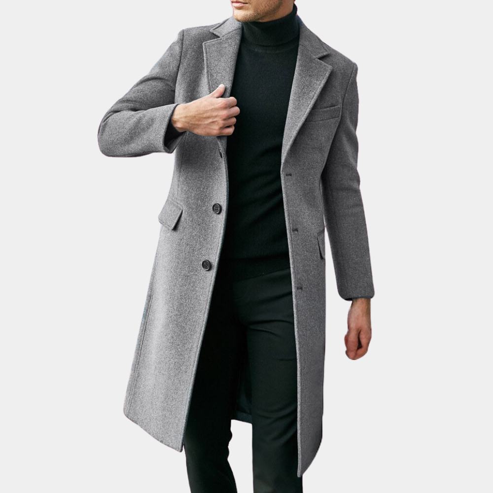 Men's Trench Coat – Tailored Fit – Wool Blend – Notch Lapel – Long Model