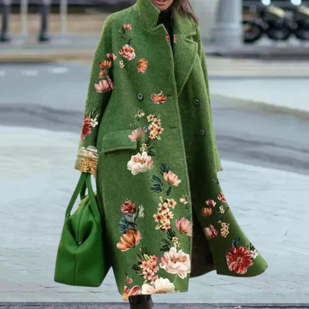 Women's Coat – Wool Blend – Oversized Fit – Full Length – Abstract Pattern – Button Front