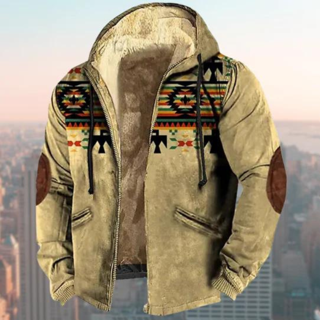 Men's Jacket with Hood – Regular Fit – Suede Look – Geometric Pattern – Zipper