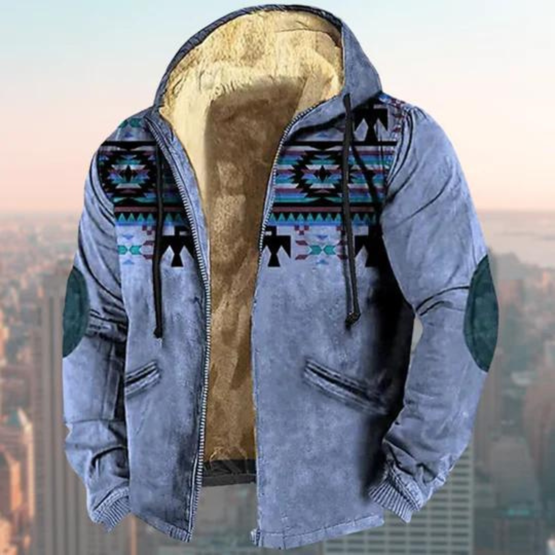 Men's Jacket with Hood – Regular Fit – Suede Look – Geometric Pattern – Zipper