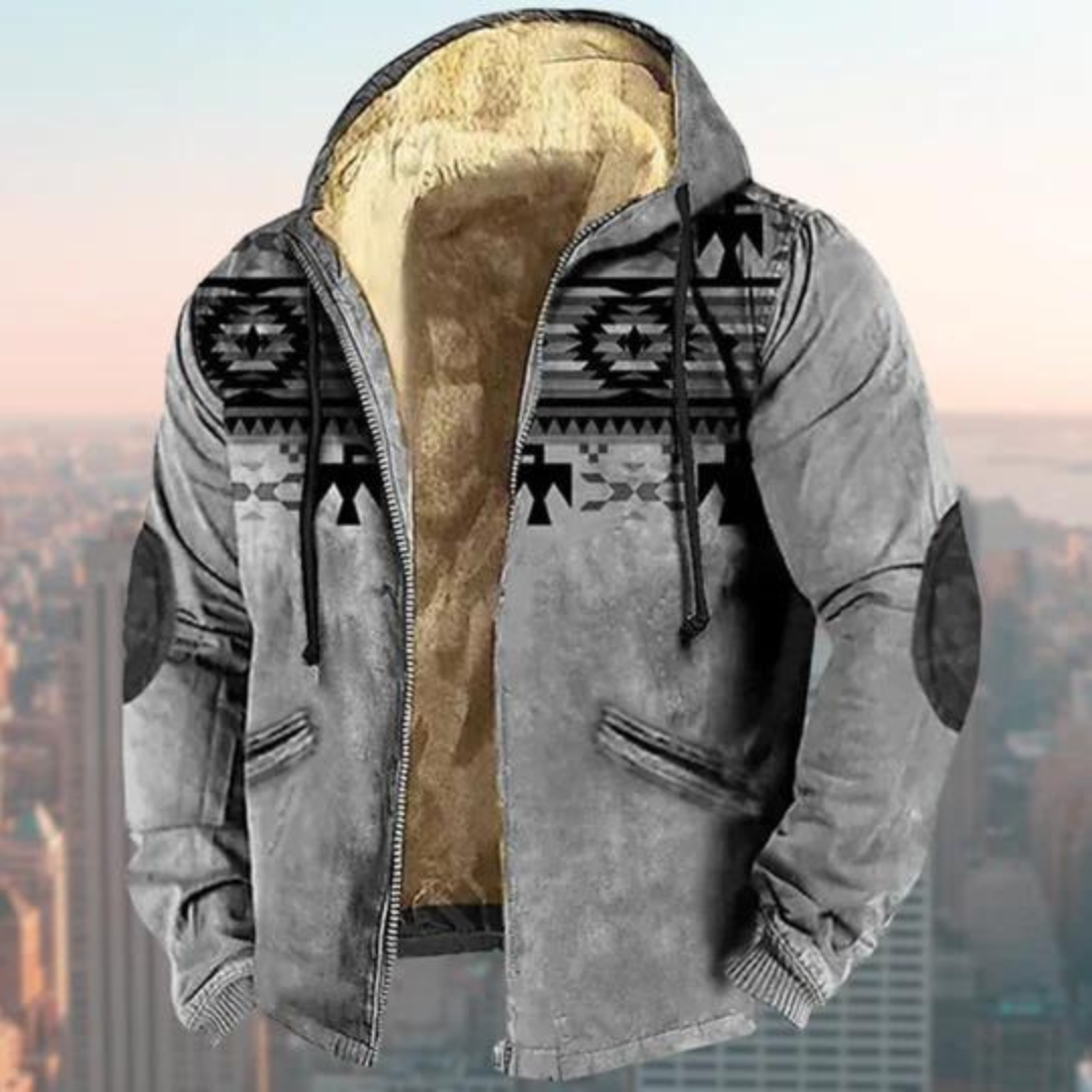 Men's Jacket with Hood – Regular Fit – Suede Look – Geometric Pattern – Zipper