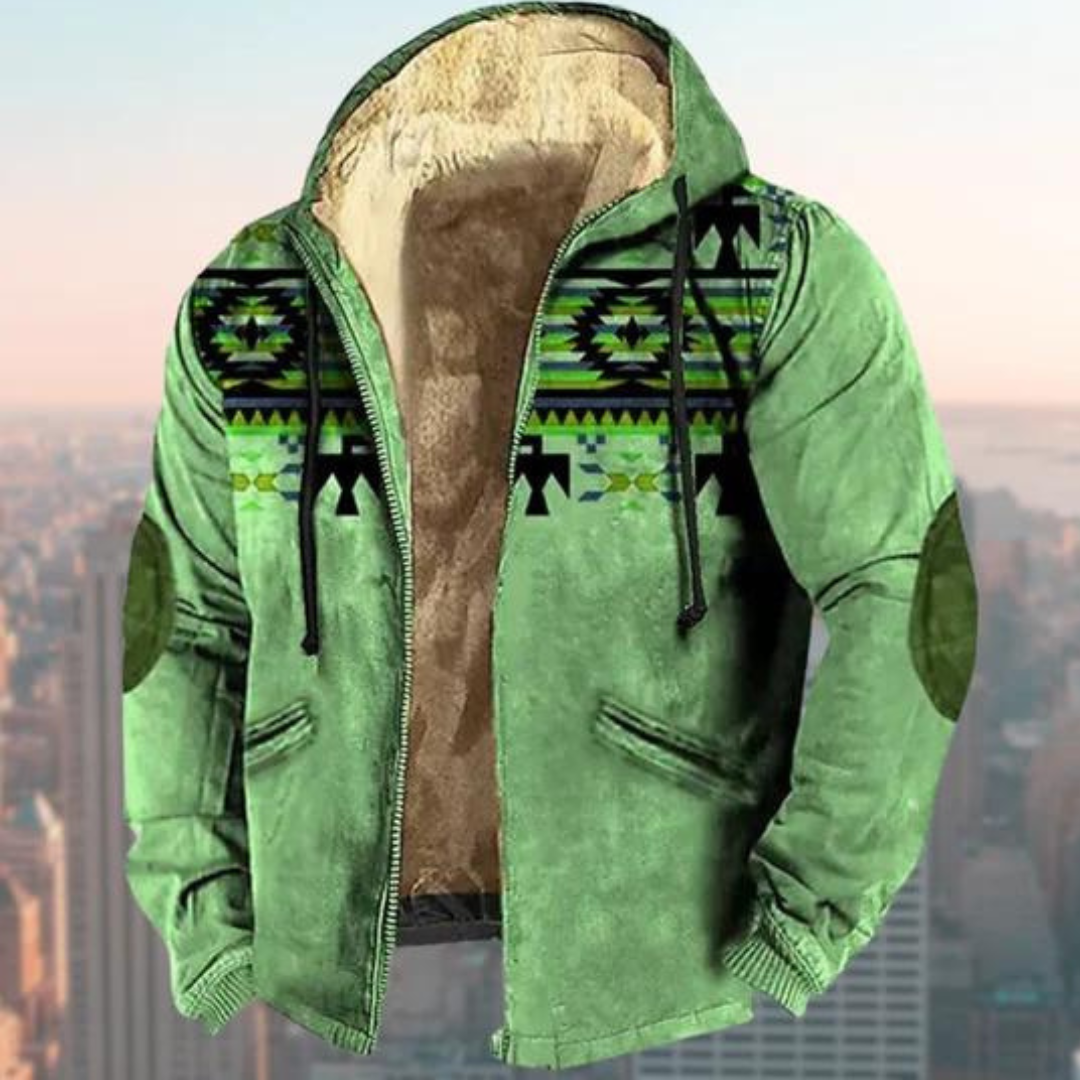 Men's Jacket with Hood – Regular Fit – Suede Look – Geometric Pattern – Zipper