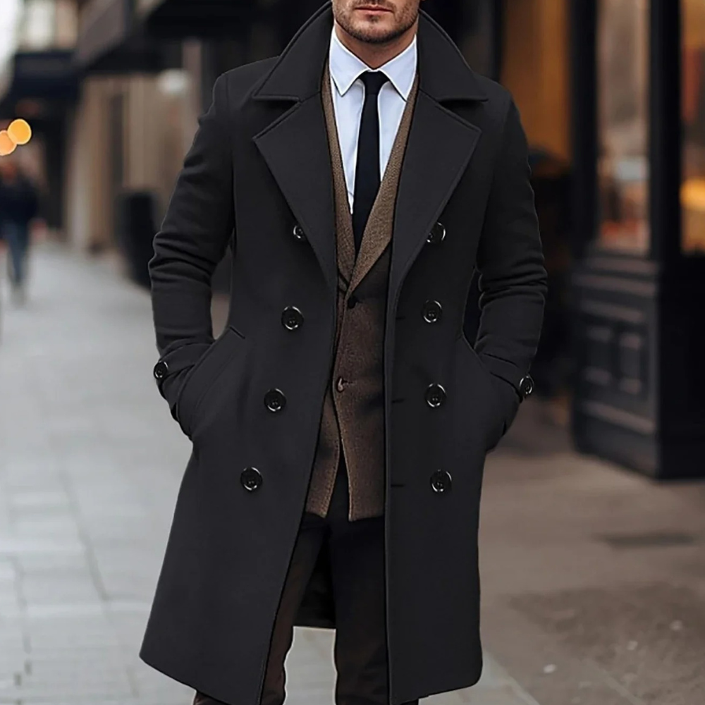 Men's Coat – Wool Blend – Tailored Fit – Double-Breasted – Knee-Length Formal